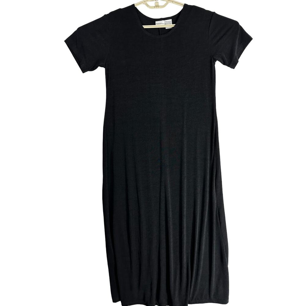 Stephanie Parks Dress Women S Black Short Sleeve Minimalist Slinky Midi LBD